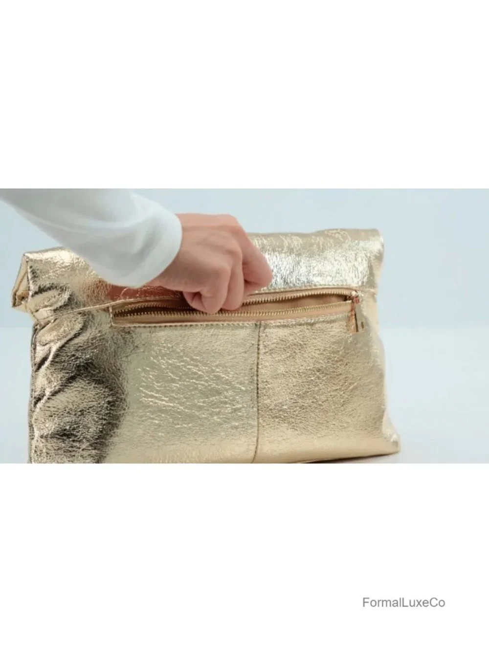Crinkled Faux Leather Foldover Envelope Clutch Evening Bag